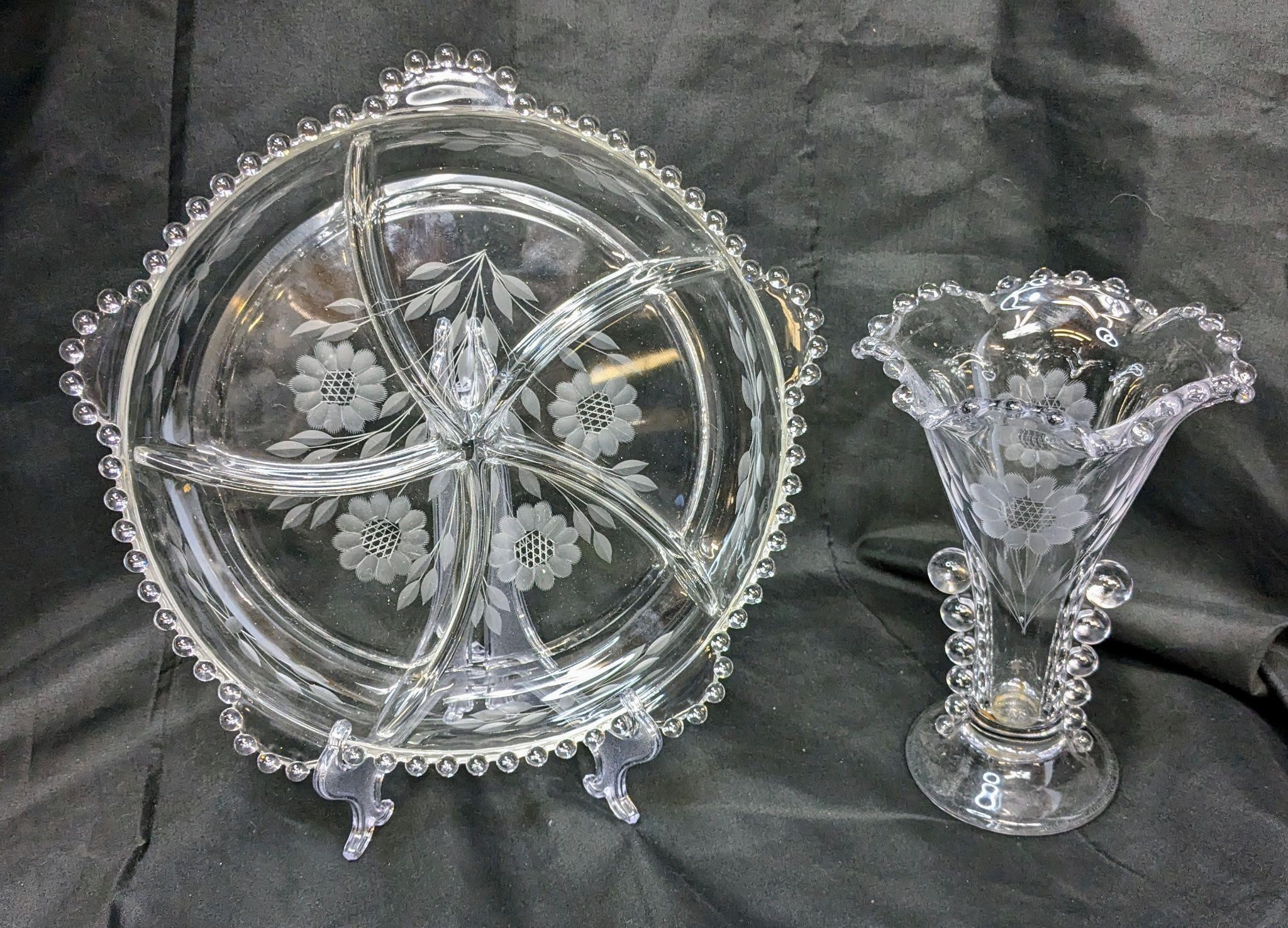 Cornflower Hobnail Glass Relish Tray and Vase