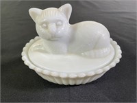 Westmoreland Milk Glass Cat in Basket Dish