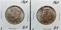 S: (2) 1964 BU KENNEDY HALF DOLLARS 90%