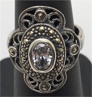 Sterling Ring W Marcasite & Clear Stone