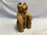 Wood carving of a sitting bear, 11" tall