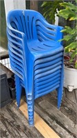 Stack 10 blue plastic patio chairs
