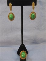 Vtg 14Kt Gold Ring & Earrings W/Green Stones 11.3g
