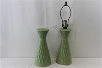 2 Mid Century Ceramic Green Geometric Lamp Bases