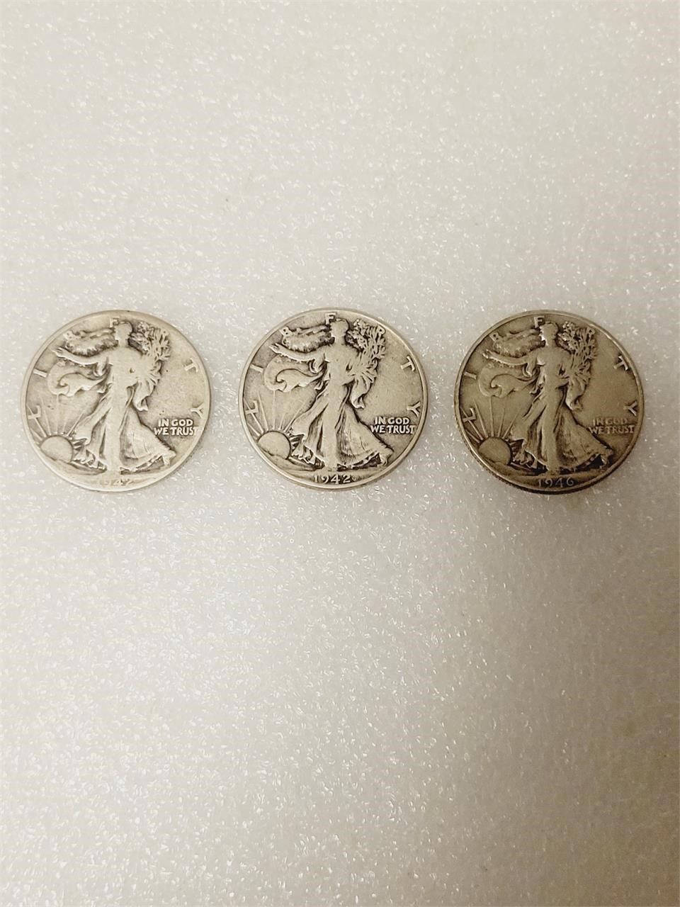 3 Silver Walking Liberty Half Dollar Coins