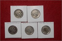 (5) Buffalo Nickels 1919 to 1935 Mix