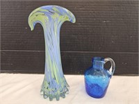 8" H Pretty Art Glass Vase & Crackle Glass Creamer