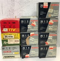 Lot of 10 boxes of 20ga assorted shotgun shells