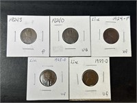 1924-D, 27-D Lincoln Cents VG-XF (5 coins)