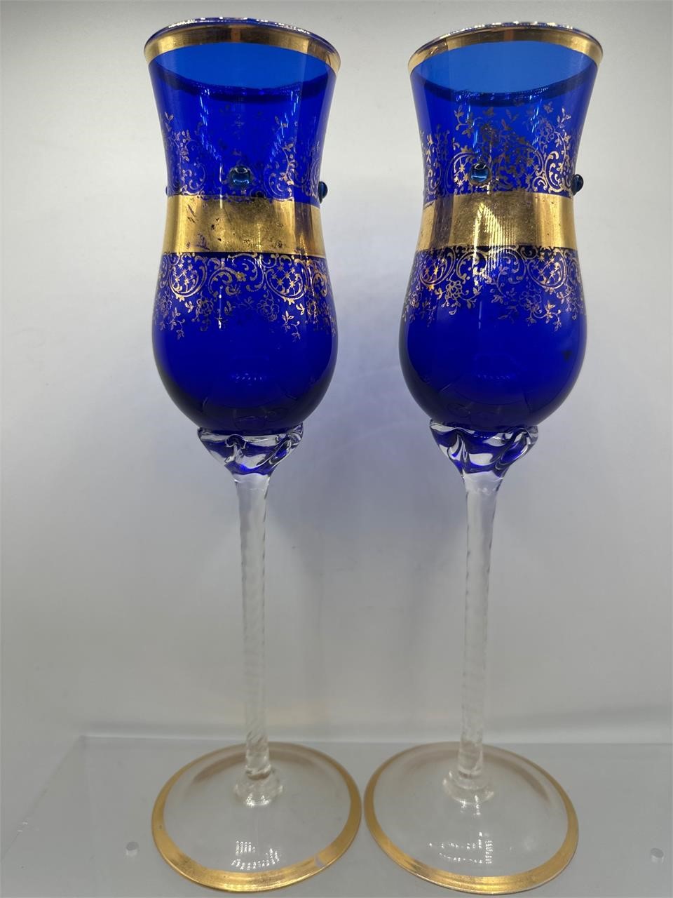 Cobalt blue glass jeweled wine glasses