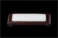 CHINESE WHITE JADE PLAQUE INSET ON WOOD STAND