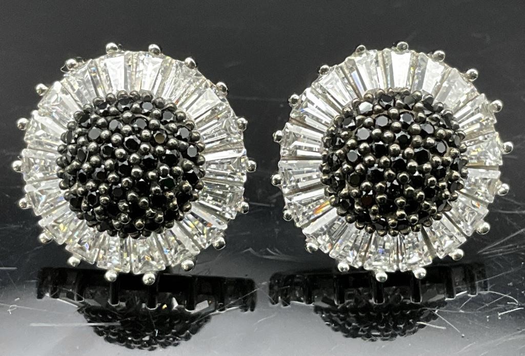 Black & Clear Stone Sterling Flower Earrings