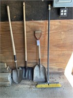 3 Metal Shovels & Shop Broom