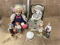 Yarn doll in wooden chair, blonde haired doll in