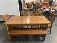 6 Ft Farmhouse Harvest Pine Table Bench & 4 Chairs