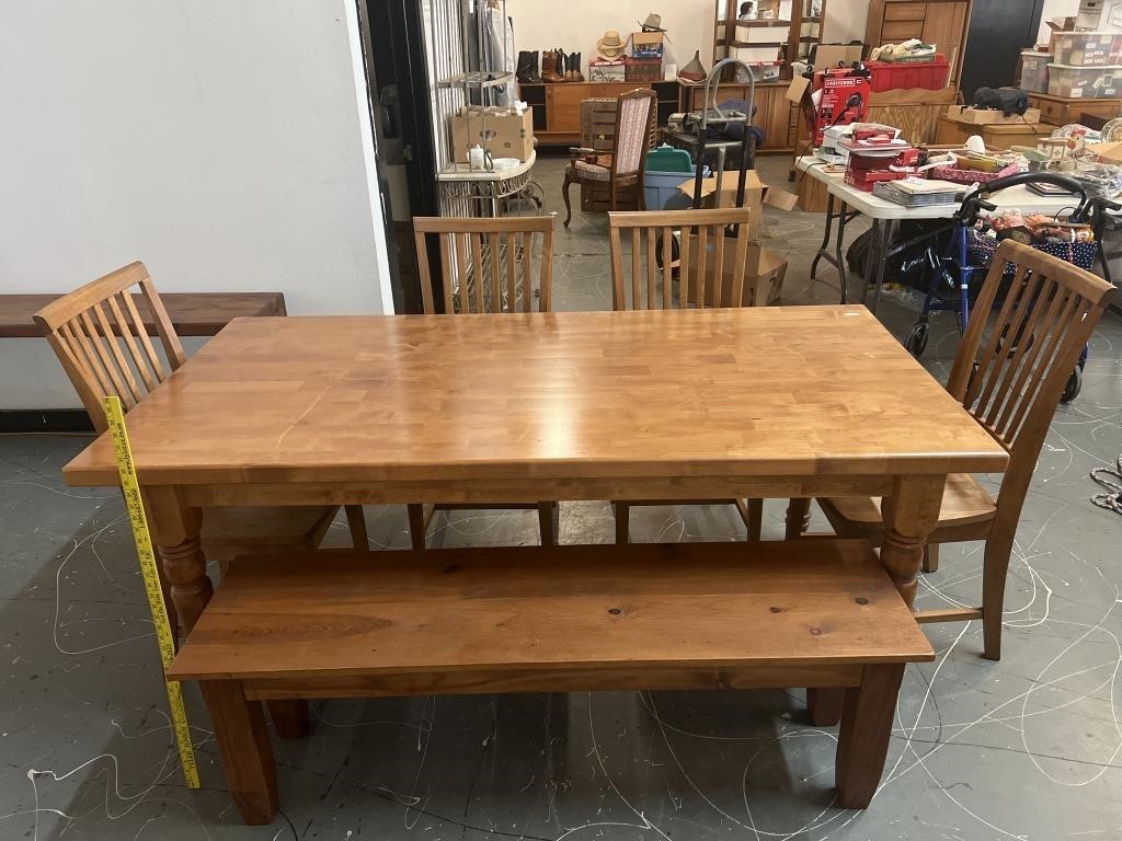 6 Ft Farmhouse Harvest Pine Table Bench & 4 Chairs