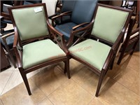 (2) WOODEN SIDE CHAIRS W/ GREEN UPHOLSTERY