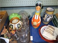 2 TRAYS POTTERY, BOWLING PIN, DISHES