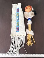 Native shaker dance stick and leather beaded bag