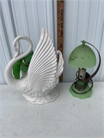 Swan lamp and green glass lamp