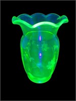 Uranium Vaseline Glass floral etched vase ruffled