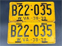 1938-39 WEST VIRGINIA LICENSE PLATE #B22035 PAIR