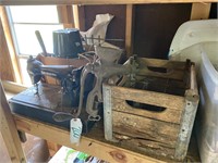 Vintage Sewing Machine, Milk Crate, Drink Bottles