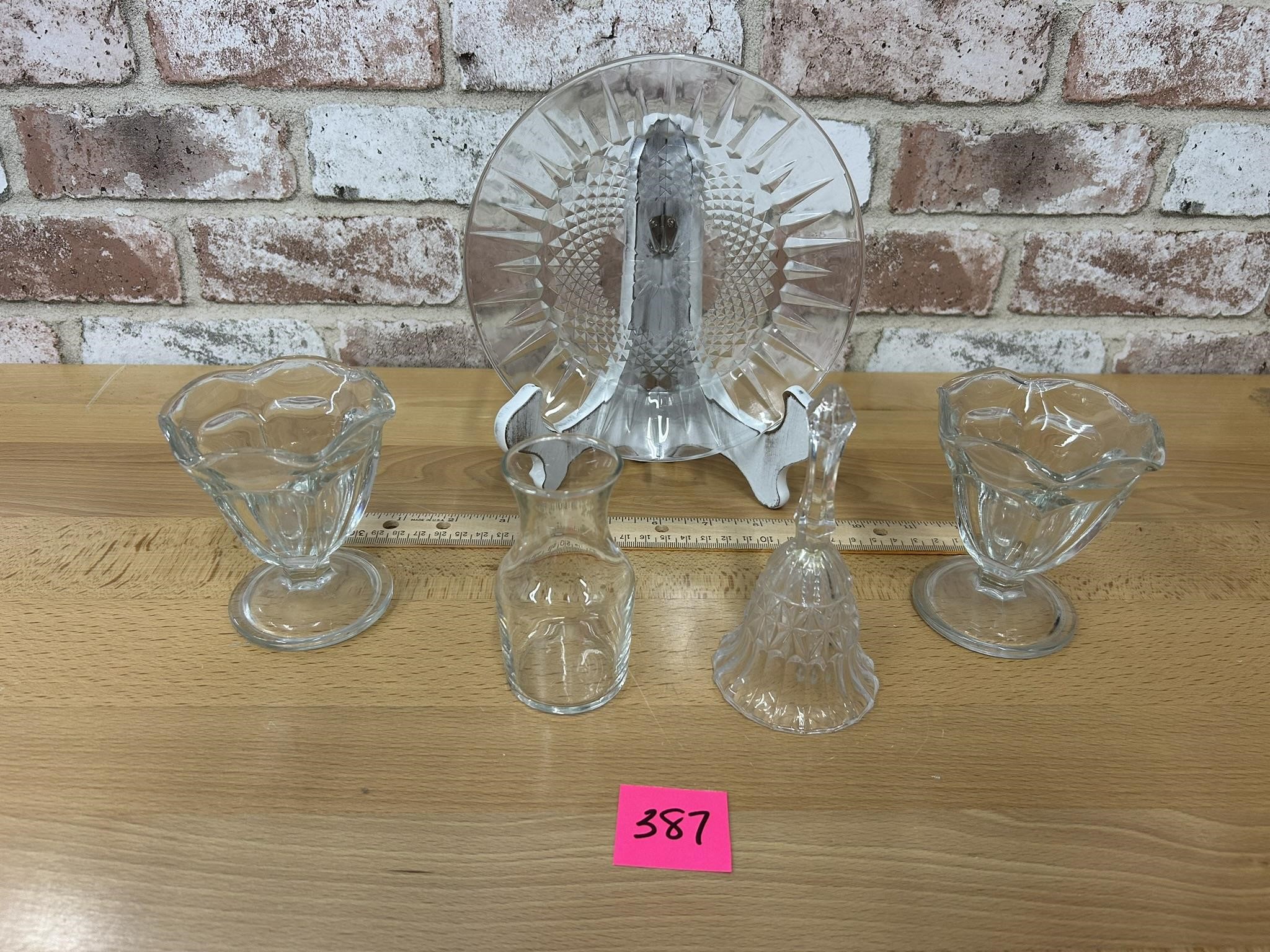 Vintage glass plate, 2 dessert cups,