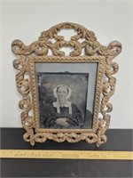 Ornate Victorian Cast Metal Gold Frame w Picture-