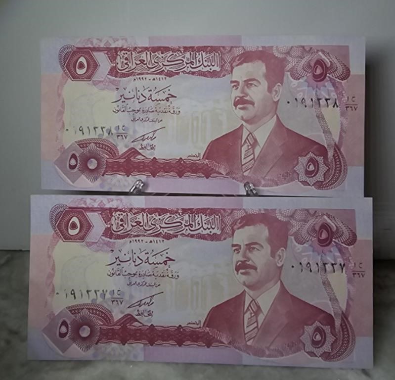 (2) Iraq 5 Dinars UNC 1 Banknote, (Saddam