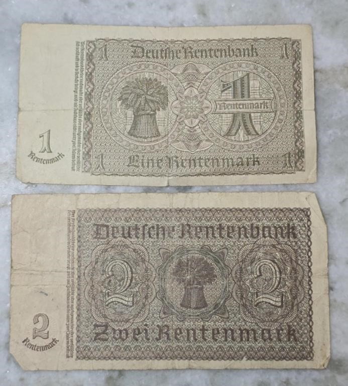 (2) GERMANY 1 & 2 Mark Rentenmark Banknote 1923