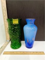 Hoosier Green Glass Vase & Blue Art Glass Vase