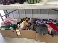 3 Boxes Stuffed Animals & Various Clothing