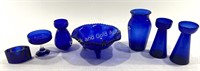 (7) Cobalt Blue Vases, Dish & Candleholder