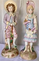 18" Hand Painted Bisque Boy & Girl Statues