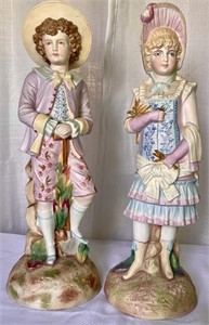 18" Hand Painted Bisque Boy & Girl Statues
