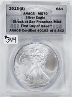 2013-(S)  $1 Silver Eagle   ANACS MS-70  1st day