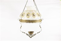 Victorian Parlor Brass Hanging Oil Lamp w Satin
