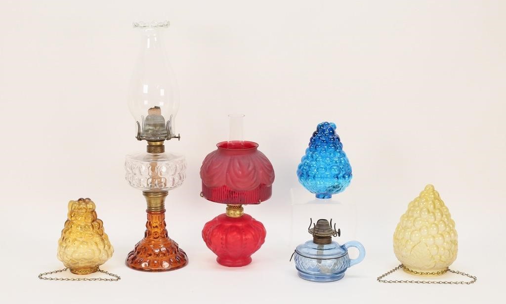 3 Glass Oil Lamps Blue Amber Red Satin & 3 Globes