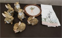 Lot of Bunny Figurines, Hand Towel & Embroidered