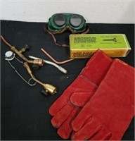 Goggles, leather gloves, Victor Welding torch,