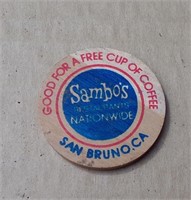 Sambo's Free Coffee Wood Token