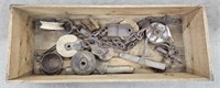 (F) Wood Crate Of Primitive Pulleys, Hooks, And