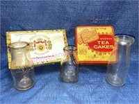 (3) milk bottles -cigar box - tea cakes tin