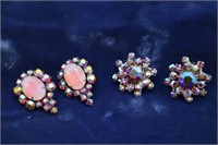 2 Pairs Vntg Aurora Crystal Clip on Earrings