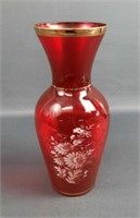 Vintage Ruby Red Floral Glass Vase with Gold Trim