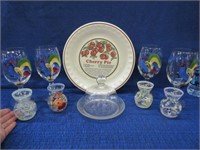 cherry pie plate -rooster wine glasses -etc