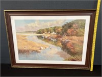 Large Framed Signed Print Fall Country Lake Scene