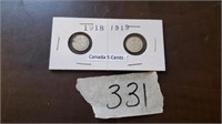 Canada five cent coins 1918, 1919