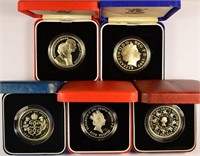 5 Different British 5 Pound Silver Proofs.